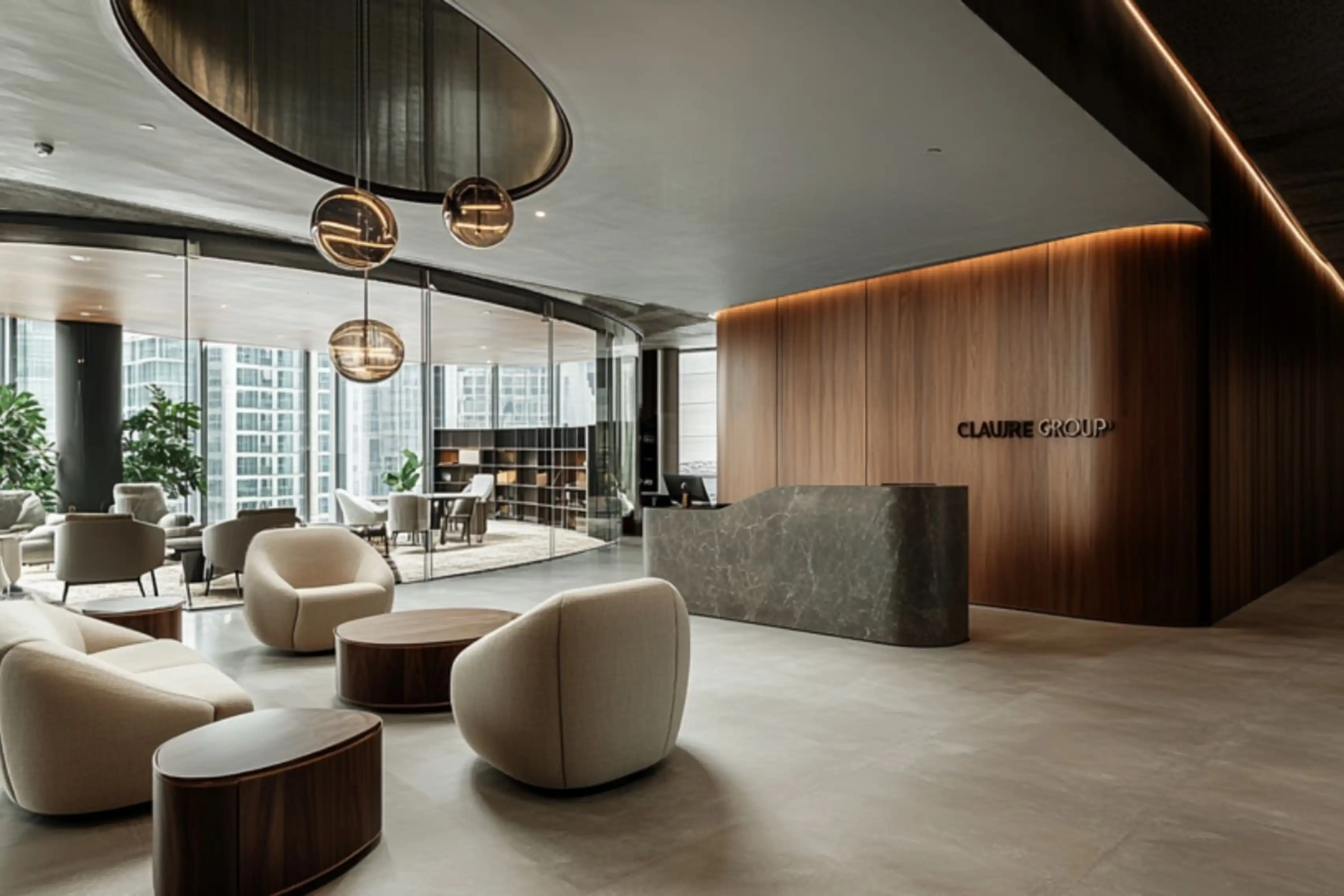 Claure Corporate Project - High-end reception with monolithic stone desk and plush hospitality seating - Ai Spaces(0).webp